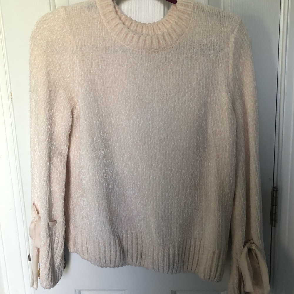 Winter White Chenille Sweater with Bow Bell Sleeve